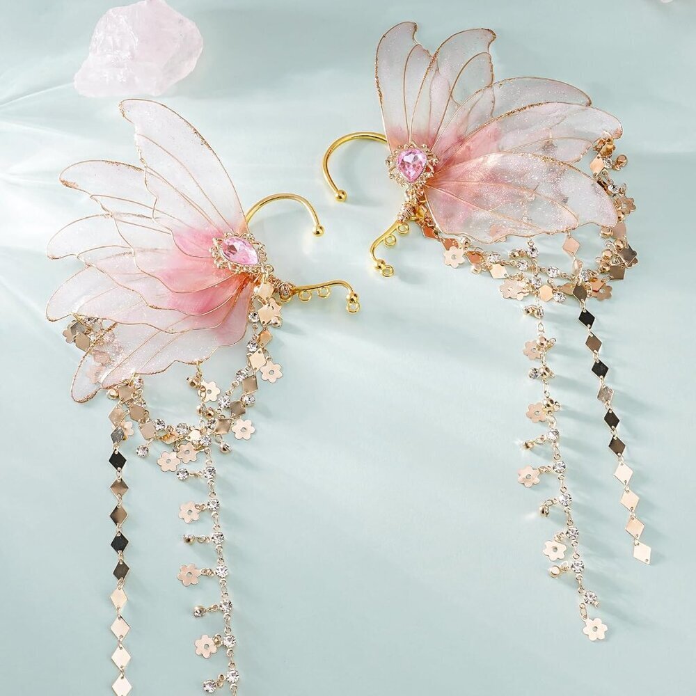 Fairy Elf Ear Cuffs Non Piercing Earrings Cosplay Fairy Wings Pink Women - Picture 3 of 6